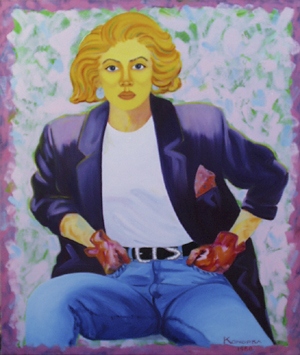 "Red Gloves" - 35.5 x 30 - oils with a collage border - $900